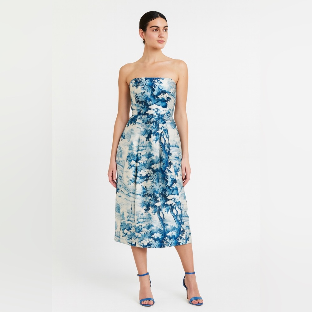 💙 Mestiza New York Lorena Gown 👗 Blue Ivory‎ Strapless Midi Dress NWT ✨